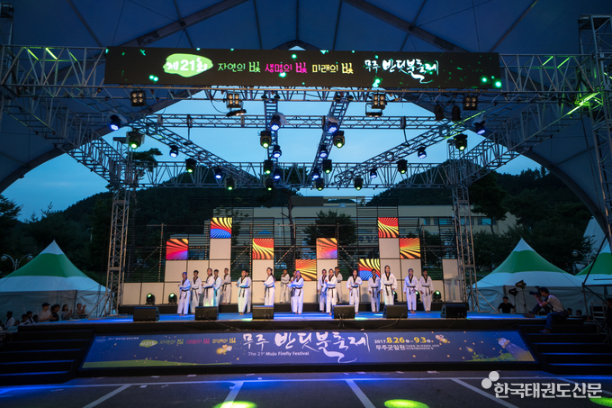 무주 반딧불축제 중 태권도 시범공연 장면 (지자체 협업 및 관광 활성화 관련)